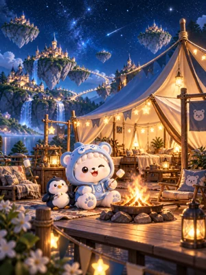 星河露营地里的浅蓝鲨鱼卫衣熊崽