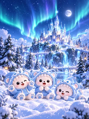 极光雪原里的浅蓝鲨鱼卫衣熊崽