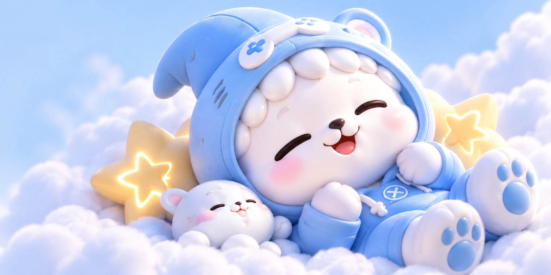 浅蓝鲨鱼卫衣熊崽与伙伴躺在云朵和星星间